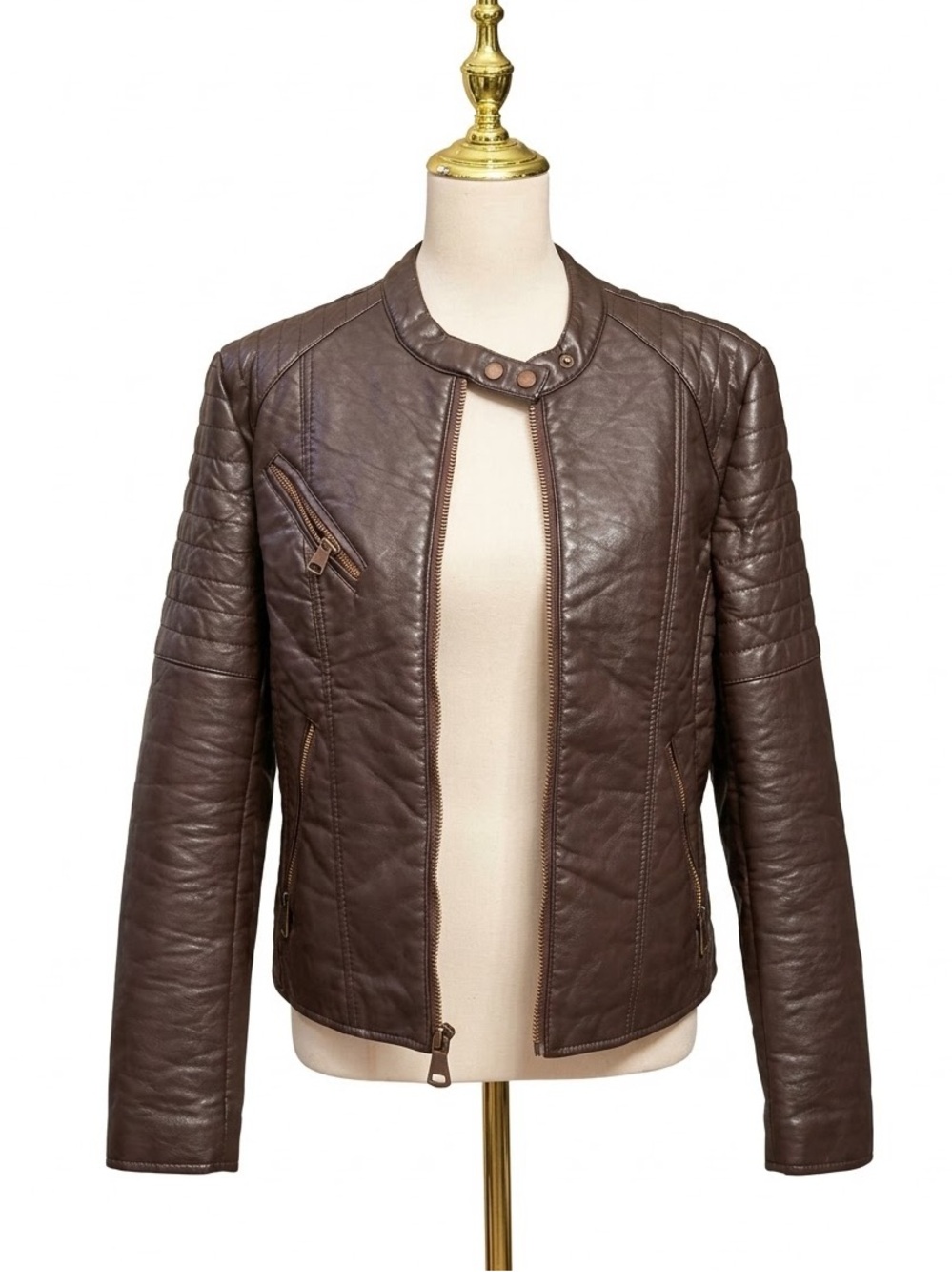 Marc New York Andrew Marc Brown Quilted Faux Leather Moto Jacket Women Size L - Picture 3 of 14